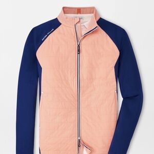 Peter Millar Hyperlight Merge Hybrid Coral and Navy Performance Golf Jacket.